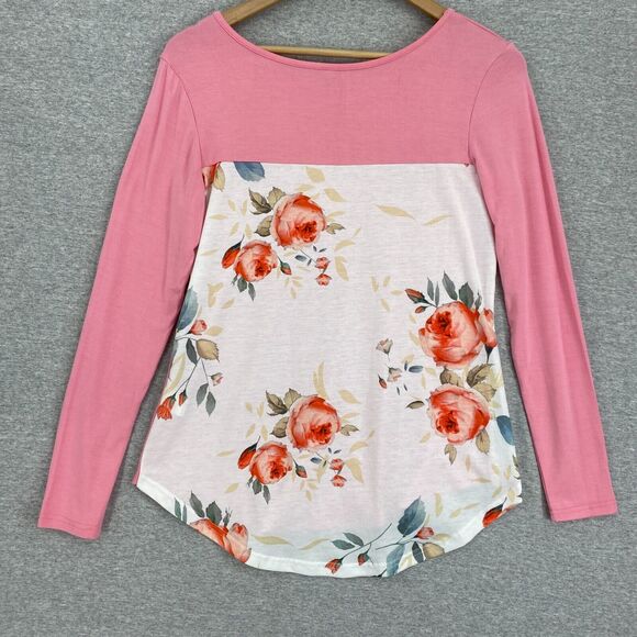 Blouse Womens Small Pink White Floral Top Long Sleeve Round Neck Curved Hemline - Picture 3 of 11